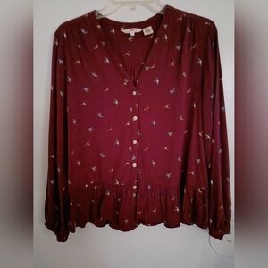Levis Women's Burgundy Blouse with Bird Print 100% Viscose Sz XL